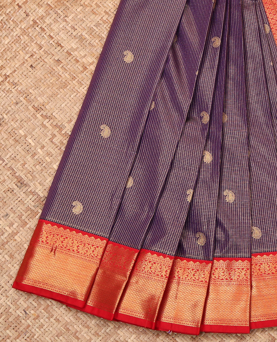 Blue Budget Silk Saree, Bedecked with Zari Buttas and Checks, Complemented by a Contrast Traditional Border, Jaal Pallu, and Contrast Blouse