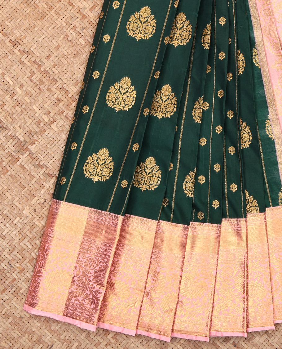 Green Budget Silk Saree, Bedecked with Zari Buttas and Stripes, Complemented by a Contrast Traditional Border, Grand Pallu, and a Contrast Blouse