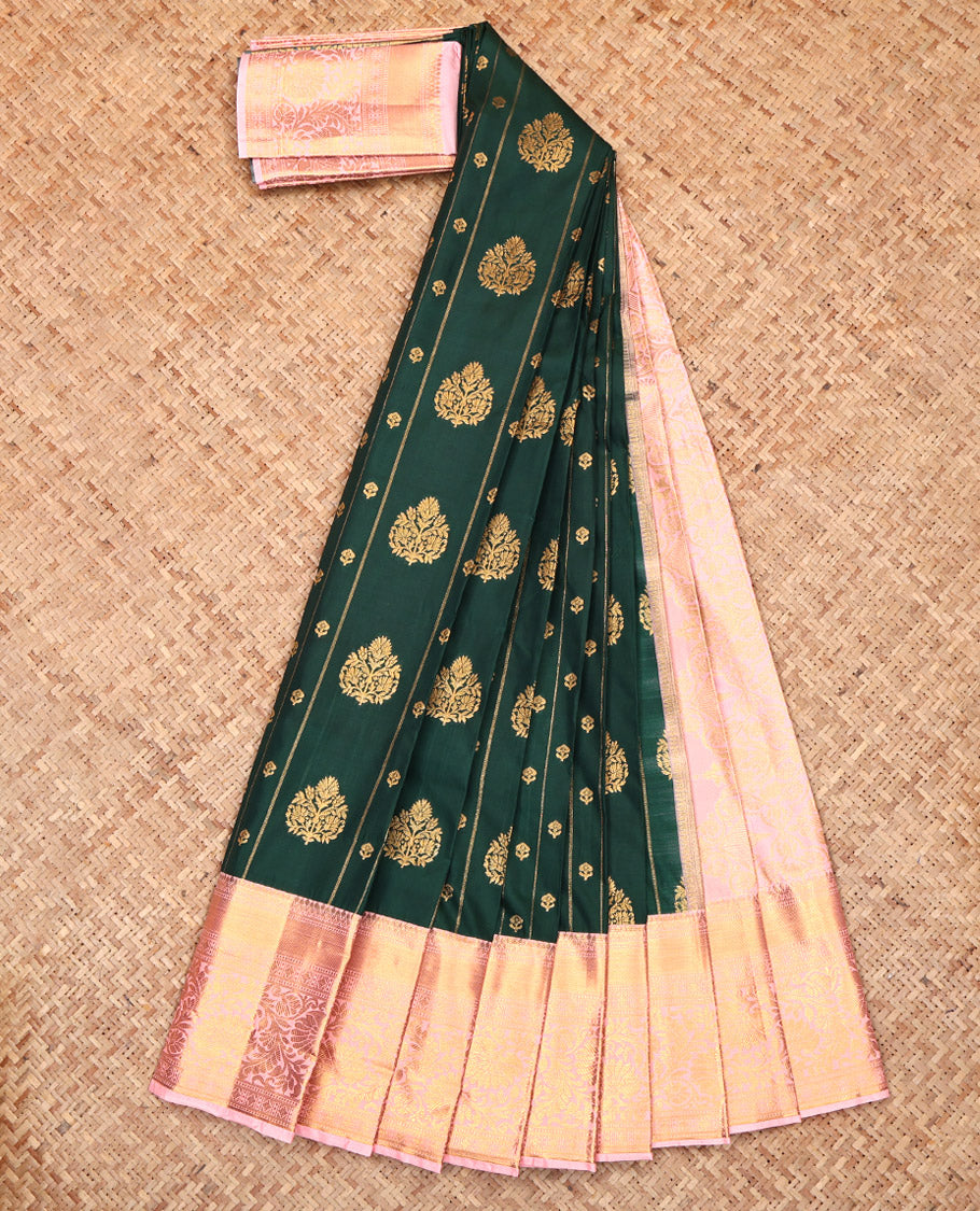 Green Budget Silk Saree, Bedecked with Zari Buttas and Stripes, Complemented by a Contrast Traditional Border, Grand Pallu, and a Contrast Blouse