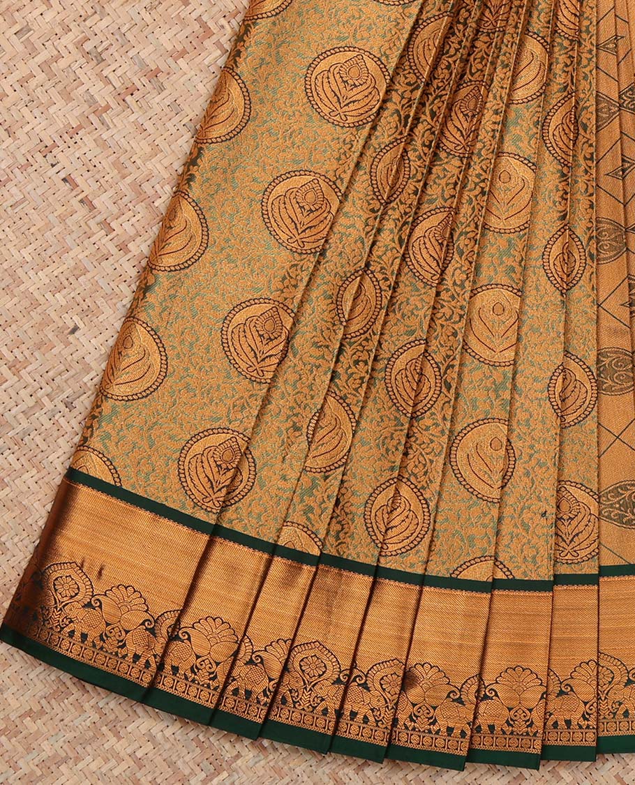 Green Budget Silk Saree, Woven with Floral Design and Zari Buttas, Complemented by Contrast Traditional Zari Border, a Jaal Pallu and a Contrast Blouse