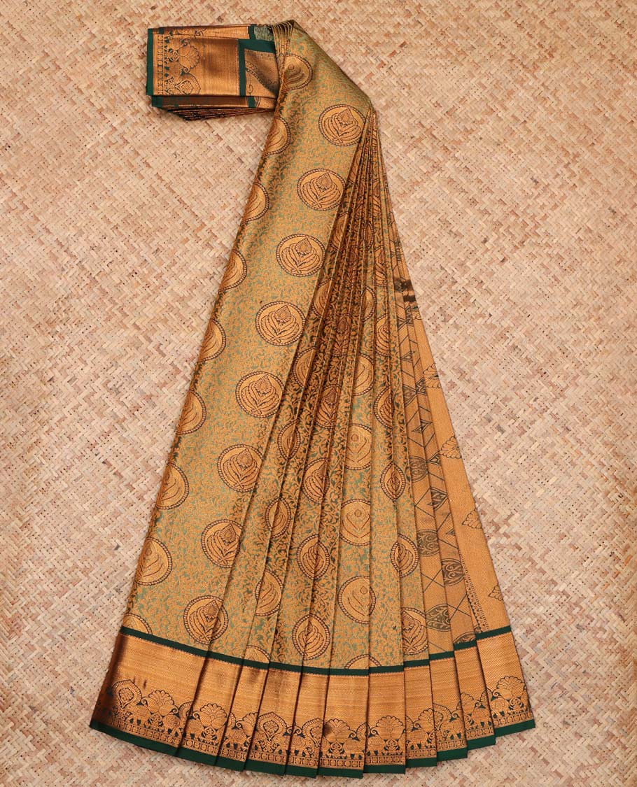 Green Budget Silk Saree, Woven with Floral Design and Zari Buttas, Complemented by Contrast Traditional Zari Border, a Jaal Pallu and a Contrast Blouse