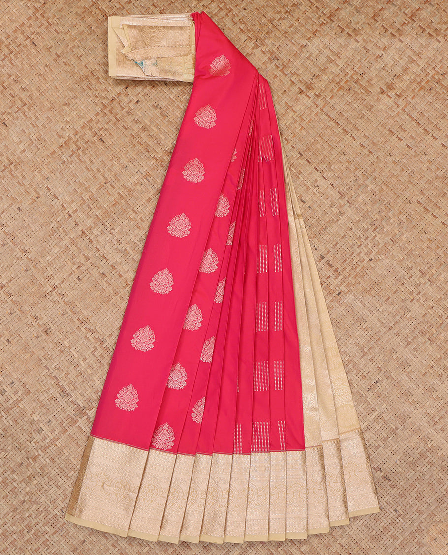 Red Budget Silk Saree, Decorated with Zari Buttas, Complemented by a Contrast Traditional Zari Border, Grand Pallu, and a Contrast Blouse