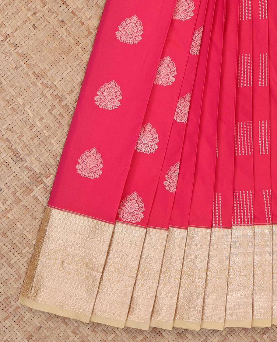 Red Budget Silk Saree, Decorated with Zari Buttas, Complemented by a Contrast Traditional Zari Border, Grand Pallu, and a Contrast Blouse
