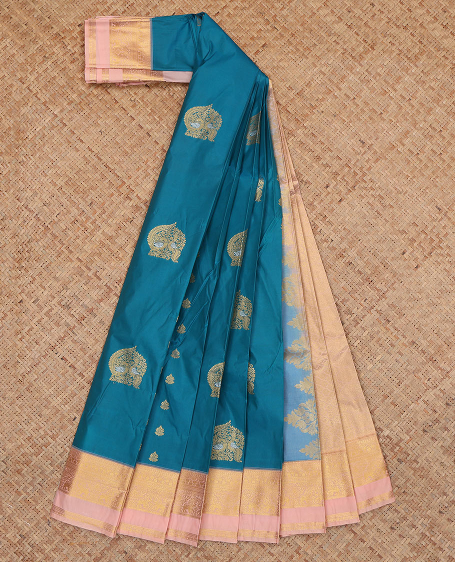 Blue Budget Silk Saree, Adorned with Zari Buttas, Complemented by Contrast Traditional Rettai Pettu Border, a Grand Pallu and a Contrast Blouse