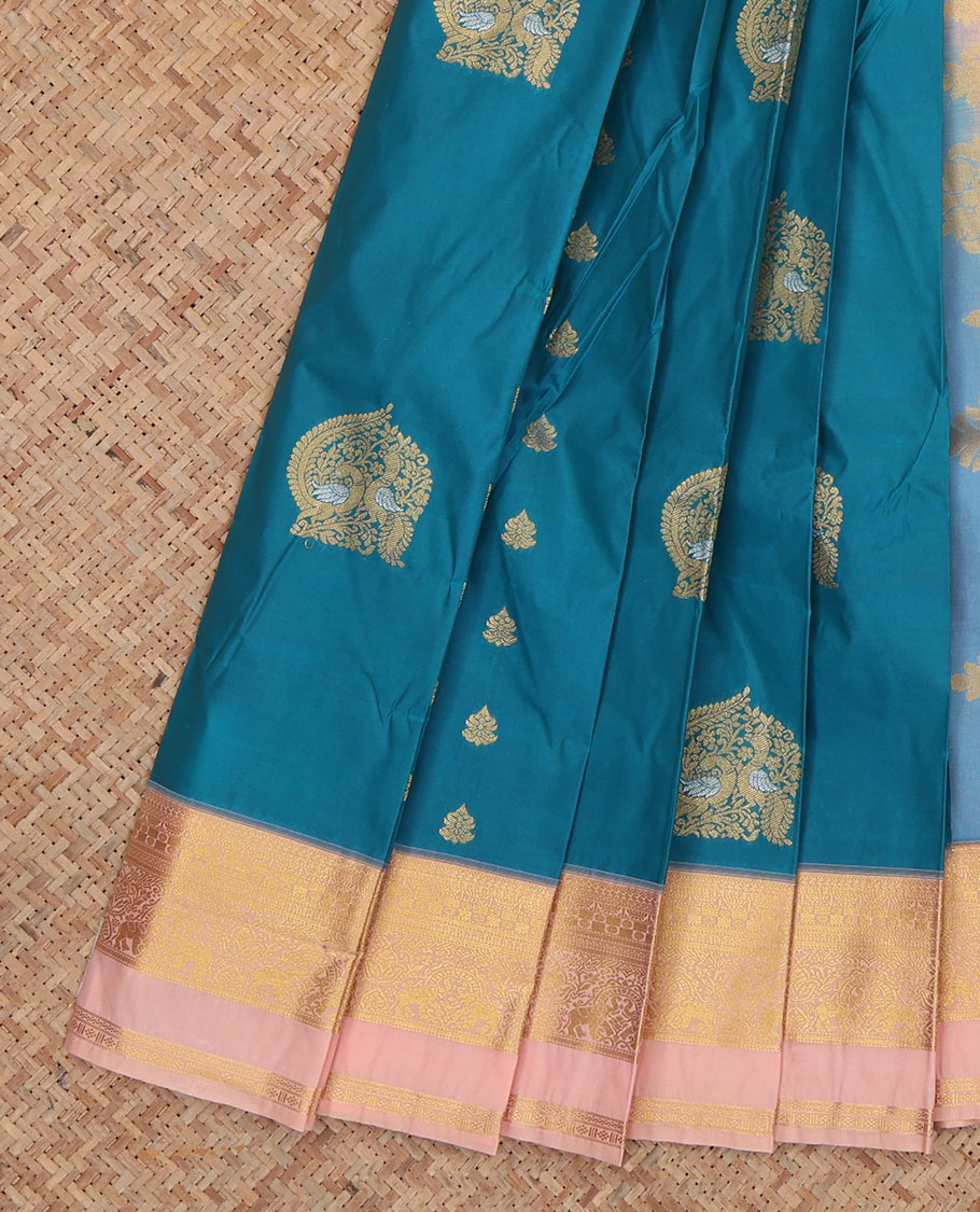 Blue Budget Silk Saree, Adorned with Zari Buttas, Complemented by Contrast Traditional Rettai Pettu Border, a Grand Pallu and a Contrast Blouse