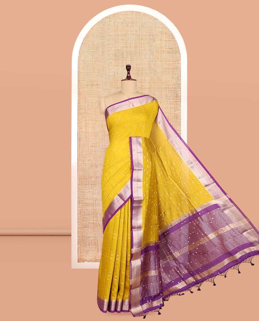 Mustard Assam Silk Saree, Woven with Zari Buttas, Complemented by Contrast Traditional Zari Border, Zari Woven Pallu, and Contrast Blouse