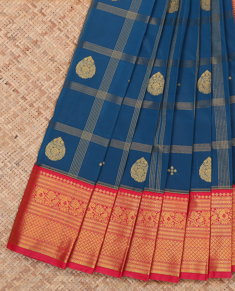 Blue Budget Silk Saree, Woven with Zari Butta Enclosed Checks, a Contrast Traditional Zari Border, Grand Pallu, and a Contrast Blouse