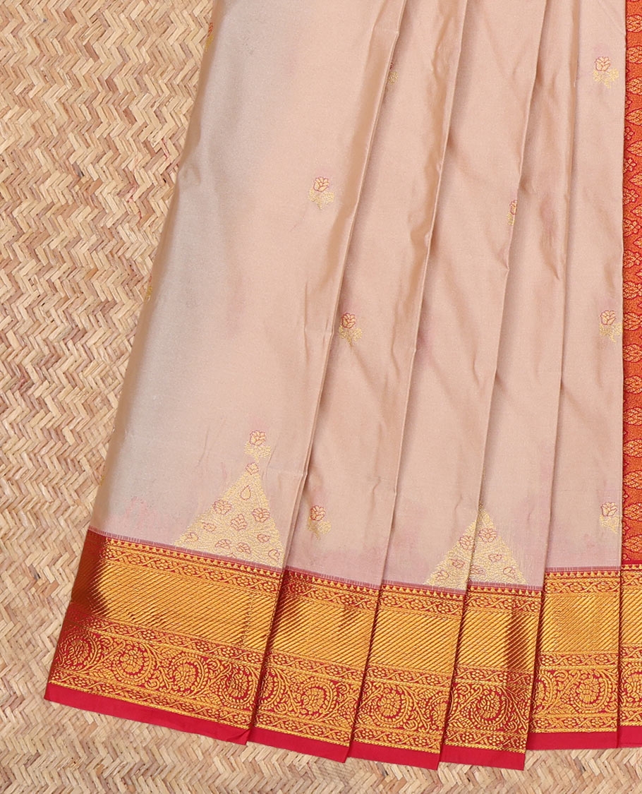 Sandal Budget Silk Saree, Graced with Zari Buttas Enclosed Checks, a Contrast Traditional Zari Border, Grand Pallu, and a Contrast Blouse
