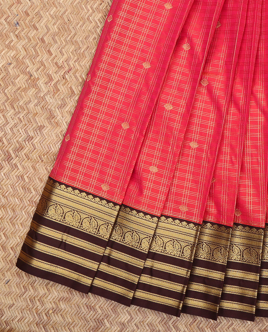 Red Budget Silk Saree, Bedecked with Zari Buttas and Checks, a Contrast Traditional Zari Border, Grand Pallu, and a Contrast Blouse