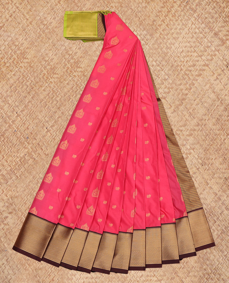 Pink Budget Silk Saree, Detailed with Zari Buttas, a Contrast Traditional Ganga-Jamuna Border, Intricate Pallu, and a Contrast Blouse