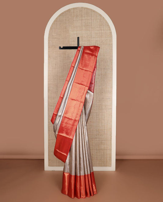 Sliver grey floral jacquard budget silk saree, contrast traditional zari border, and jaal pallu