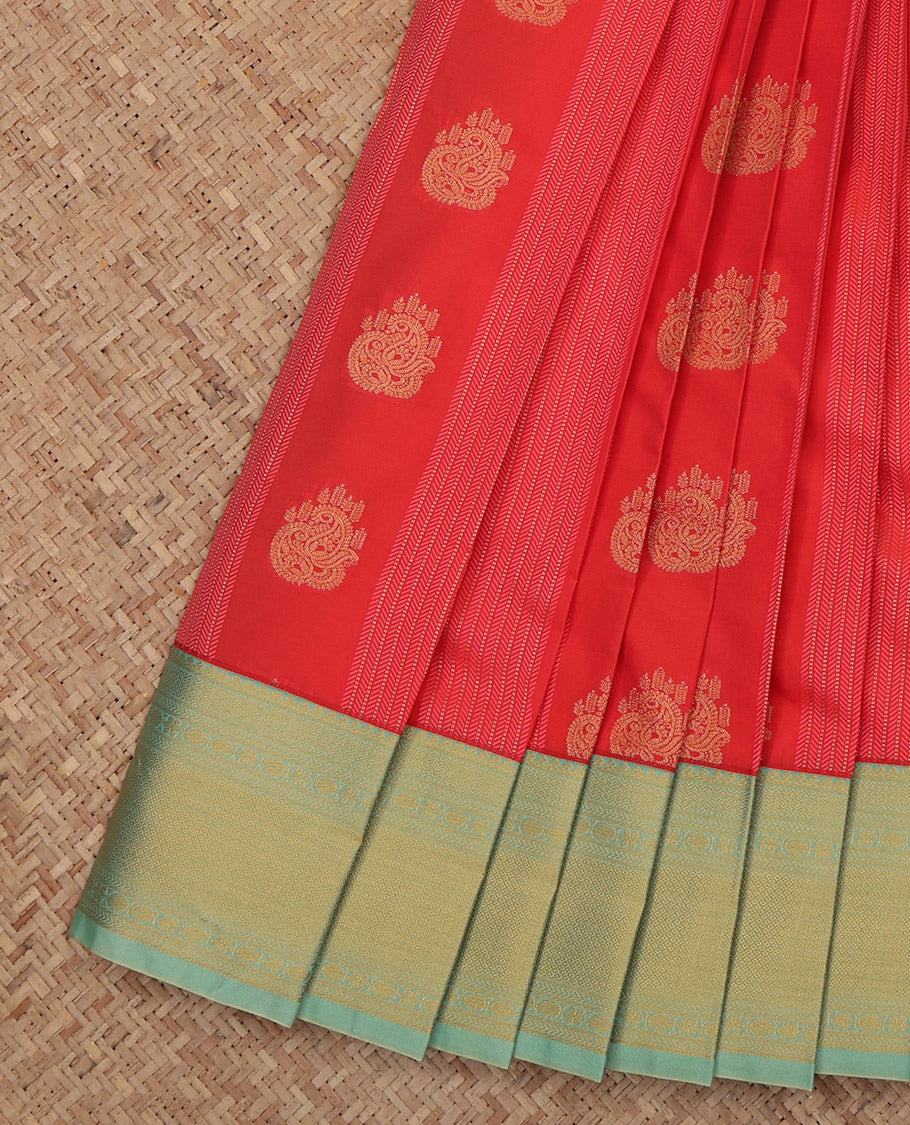 Red Budget Silk Saree, Enriched with Zari Buttas and Stripes, a Contrast Traditional Zari Border, Jaal Pallu, and a Contrast Blouse