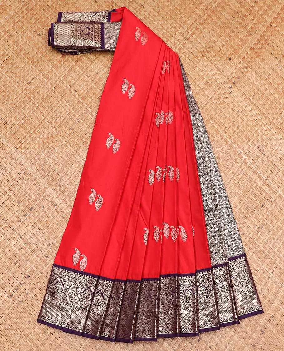 Red paisley buttas gift saree, contrast traditional zari design border, and jaal design pallu