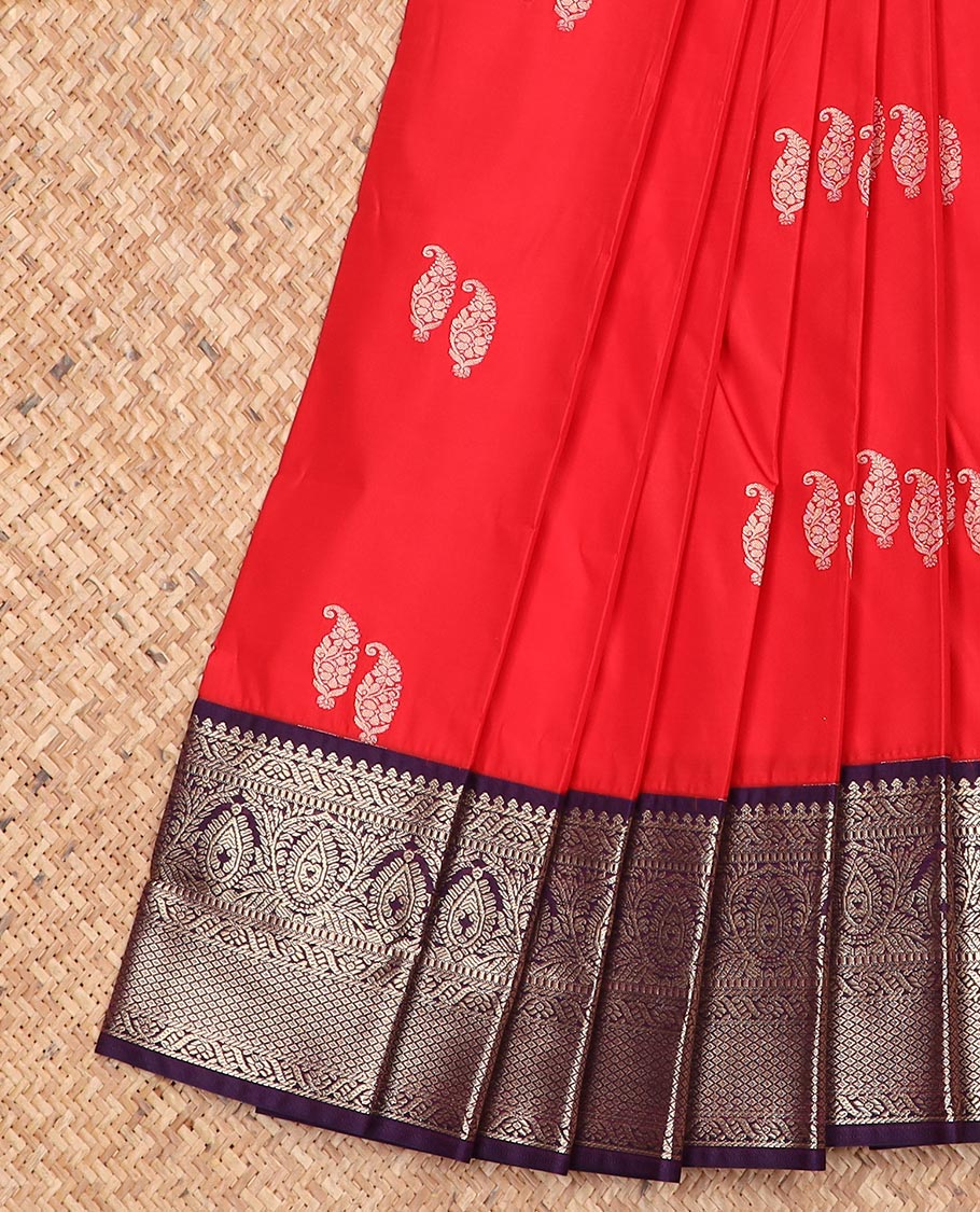 Red paisley buttas gift saree, contrast traditional zari design border, and jaal design pallu
