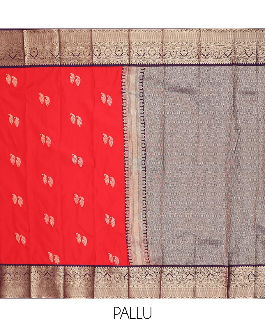 Red paisley buttas gift saree, contrast traditional zari design border, and jaal design pallu