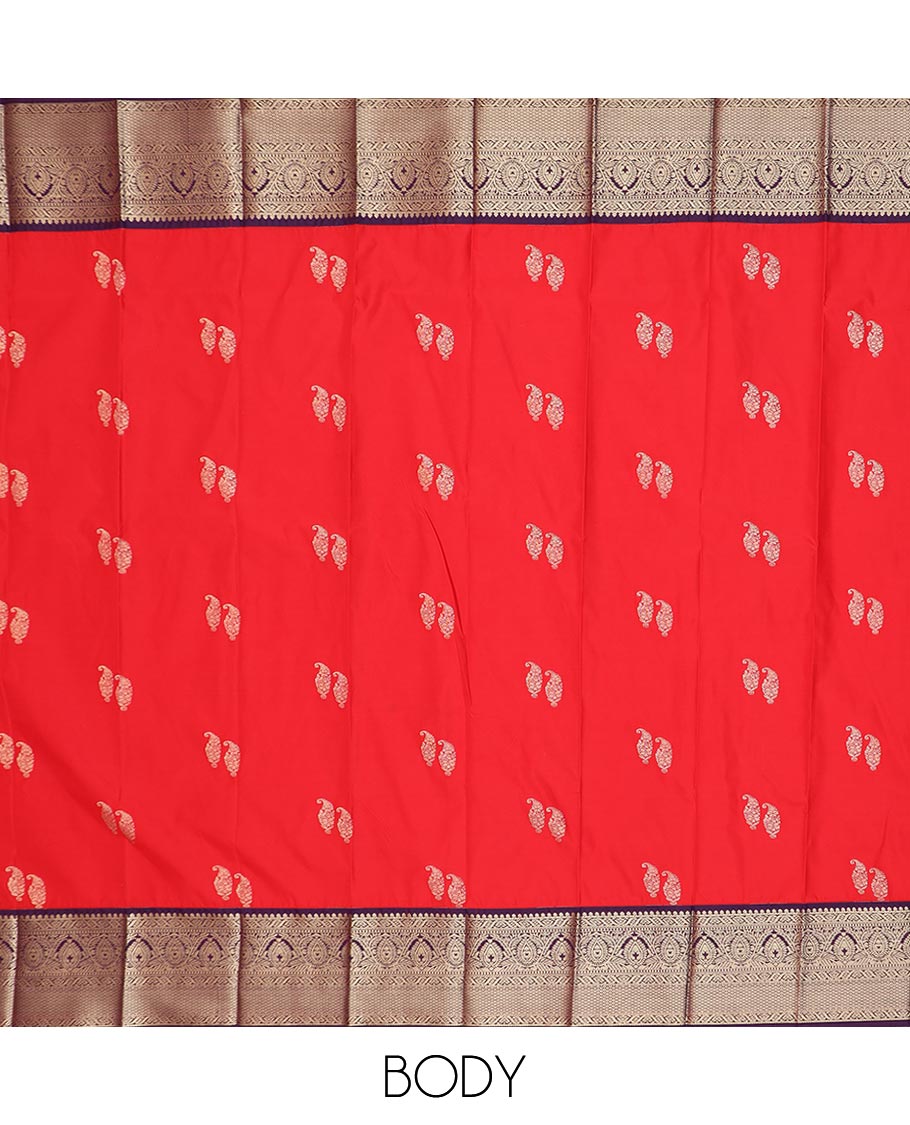 Red paisley buttas gift saree, contrast traditional zari design border, and jaal design pallu