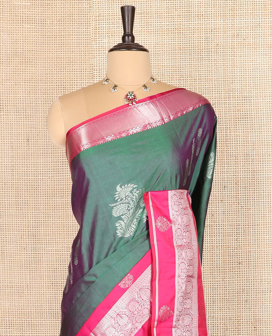 Green zari buttas budget silk saree, contrast traditional zari motifs border, and jaal pallu