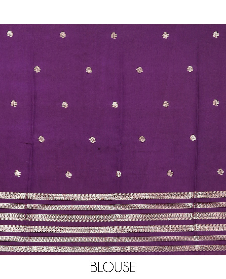 Yellow zari buttas woven Assam silk saree, contrast big border of traditional zari designs, and pallu of zari buttas and zari stripes