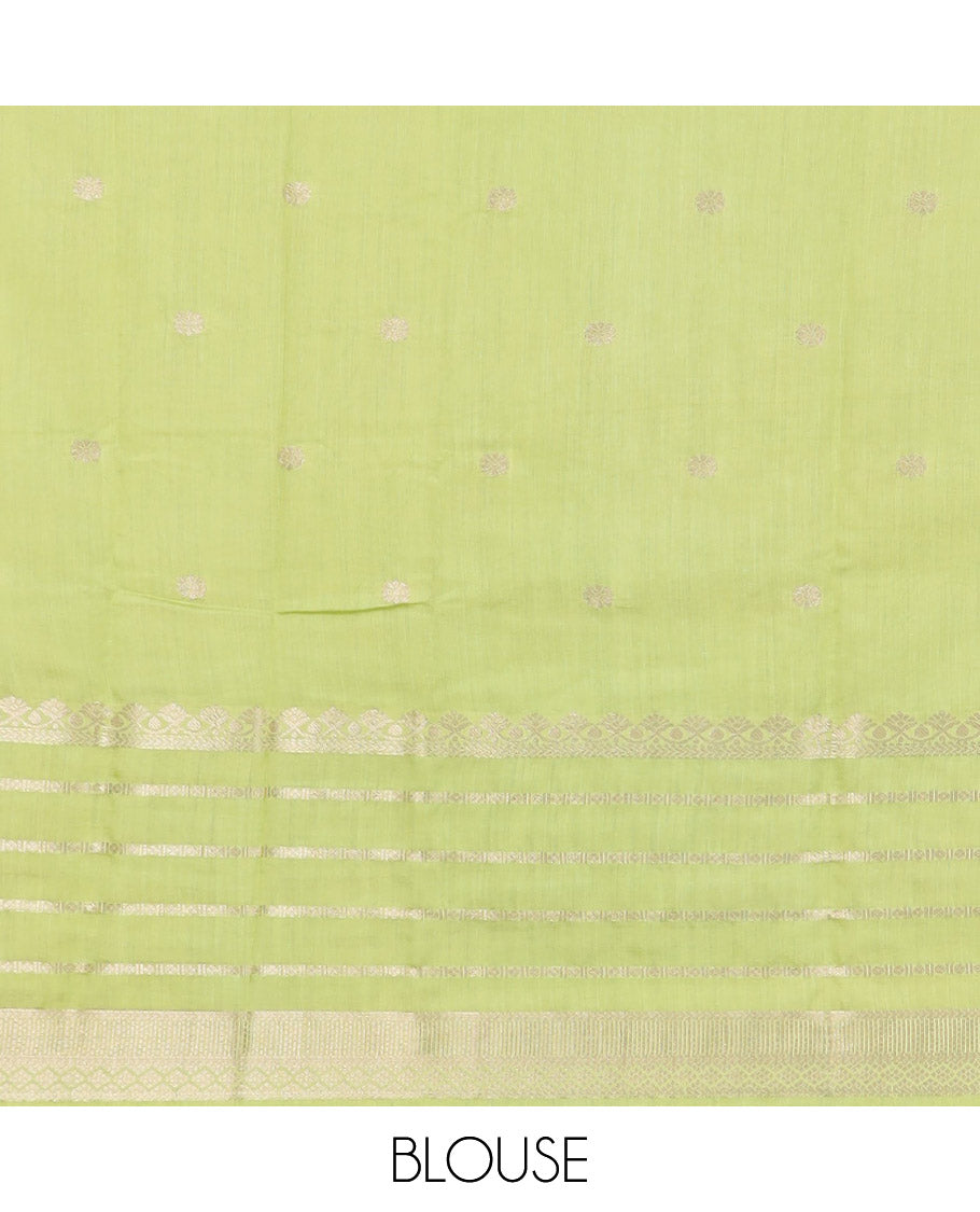 Dark Green Assam Silk Embellished with Floral Zari Buttas, Complemented by Contrast Traditional Zari Design Border, a Gleaming Pallu of Zari Stripes, and Paired with a Contrast Blouse