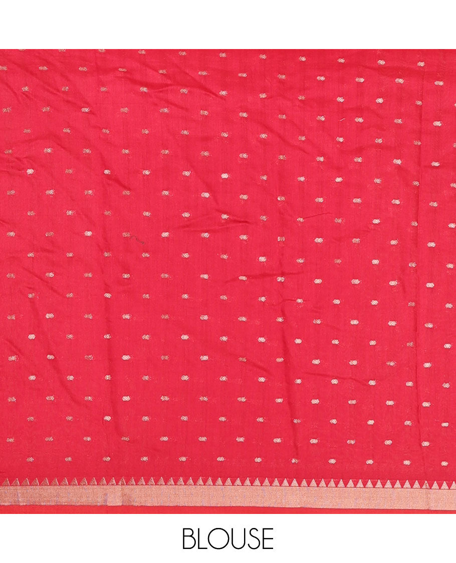 Red zari buttas Assam silk saree, temple zari border, and pallu of stripes
