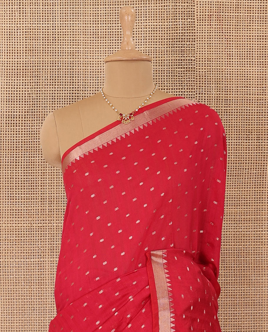 Red zari buttas Assam silk saree, temple zari border, and pallu of stripes