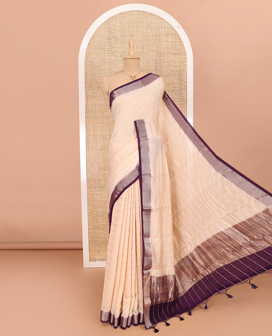 Sandal Assam Silk Saree Spotlighted with All-Over Buttas, Complemented by Contrast Traditional Zari Design Border, Pallu Elevated with Zari, and Paired with a Contrast Blouse