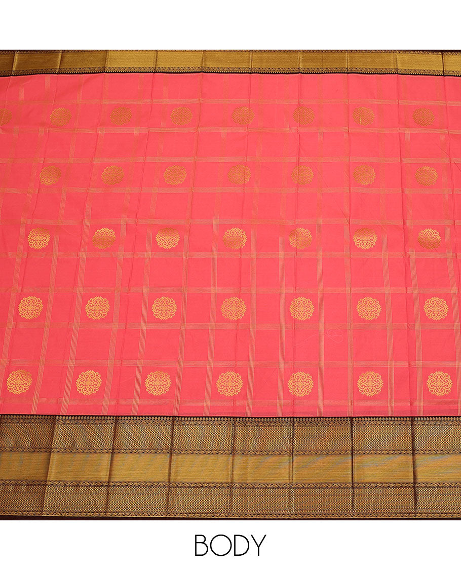 Pink zari buttas and checked budget silk saree, contrast traditional zari design border, and jaal pallu