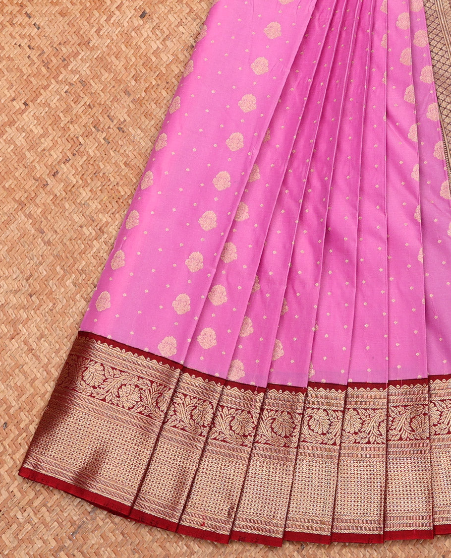 Pink Budget Silk Saree, Embellished with Zari Buttas, Complemented by a Contrast Traditional Zari Border, Geometric Pallu, and Contrast Blouse