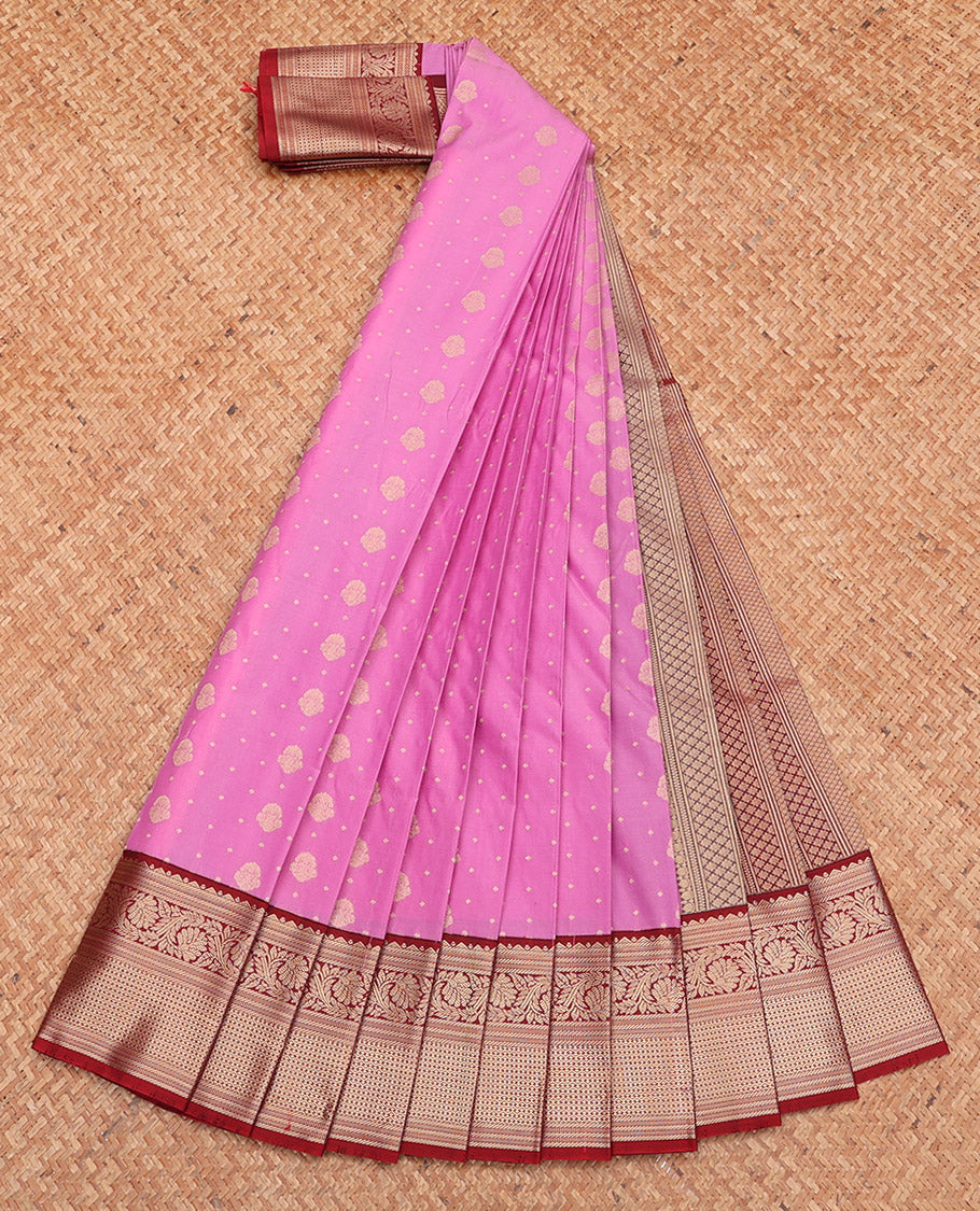 Pink Budget Silk Saree, Embellished with Zari Buttas, Complemented by a Contrast Traditional Zari Border, Geometric Pallu, and Contrast Blouse