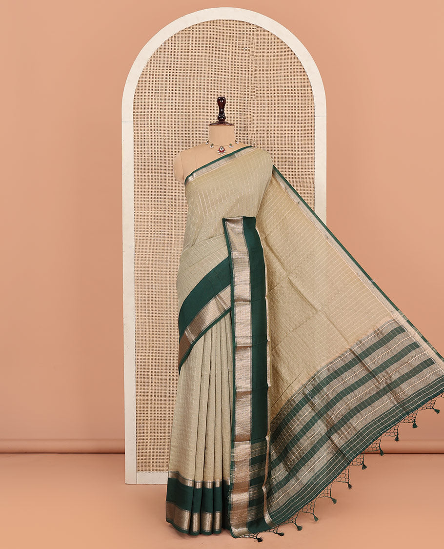 Grey Assam Silk Saree Subtly Sparkled with Micro-Checks, Complemented by Captivating Contrast Zari-Decked Up Border, Gleaming Zari-Woven Pallu, and Paired with a Contrast Blouse