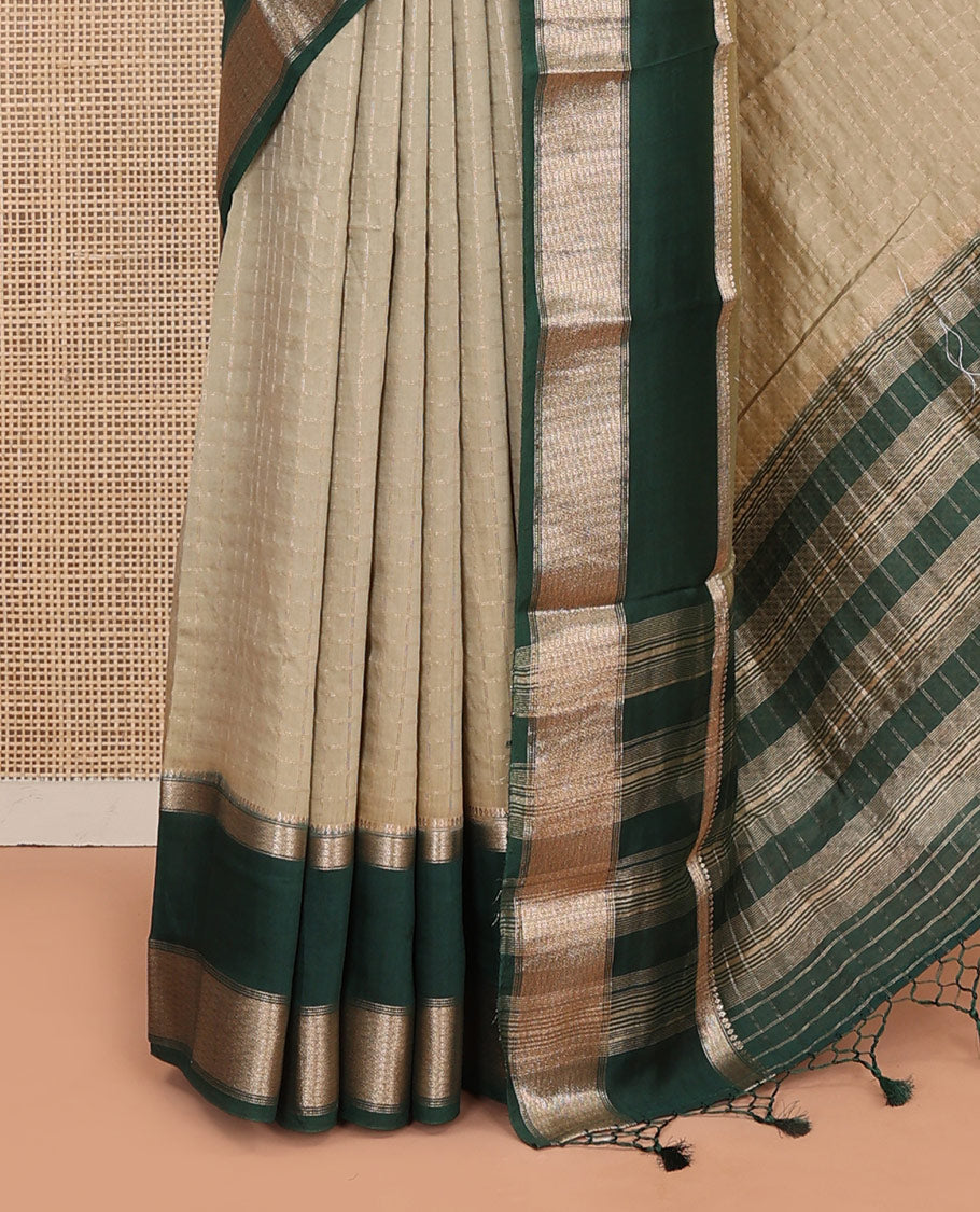 Grey Assam Silk Saree Subtly Sparkled with Micro-Checks, Complemented by Captivating Contrast Zari-Decked Up Border, Gleaming Zari-Woven Pallu, and Paired with a Contrast Blouse