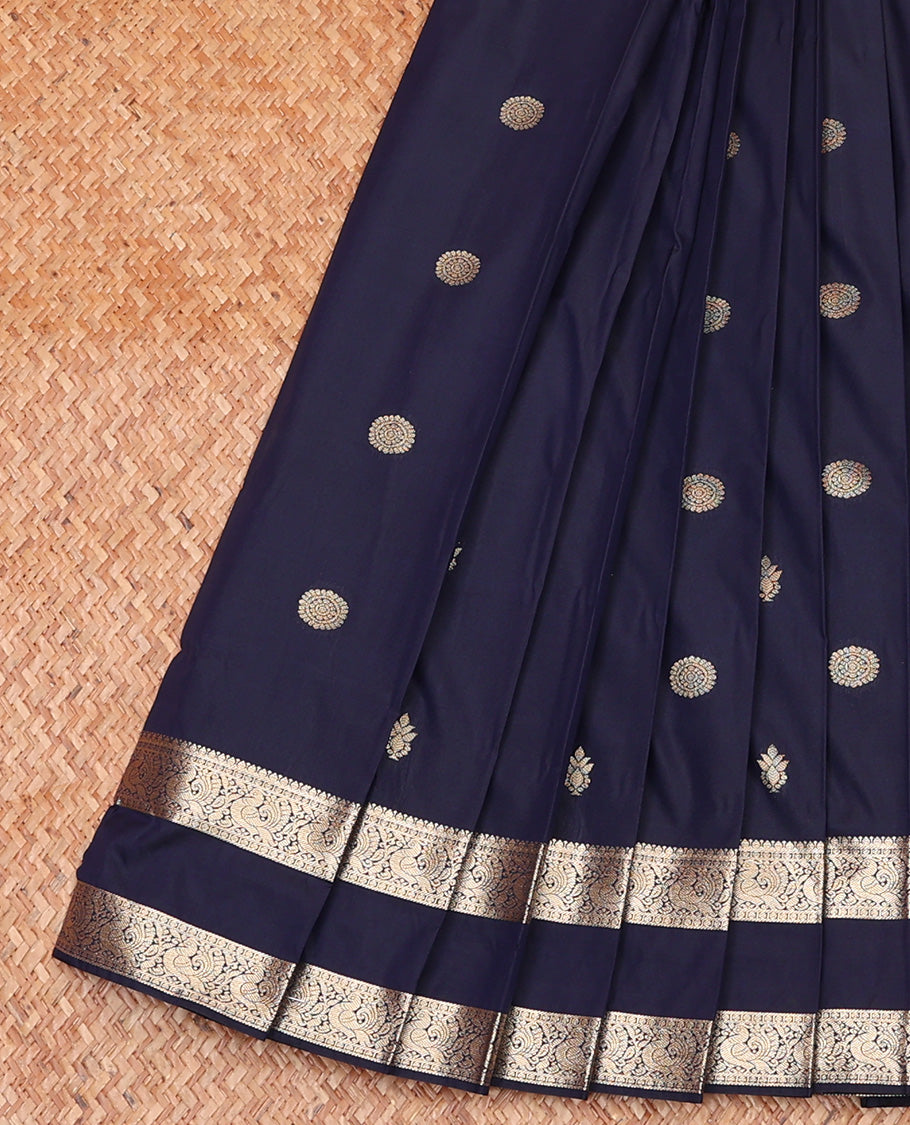 Dark Blue Budget Silk Saree, Adorned with Zari Chakram Buttas On Its Body, Highlighted by Traditional Rettai Pettu Border of Peacock Designs, Grand Jaal Pallu and Paired with a Matching Blouse