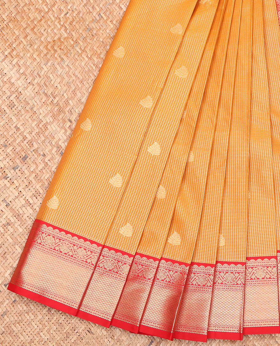Orange Budget Silk Saree, Charmingly Accented with Zari Buttas and Micro-Checks on Its Body, Complemented by a Contrast Traditional Zari Design Border, Jaal Pallu, and Paired with a Contrast Blouse