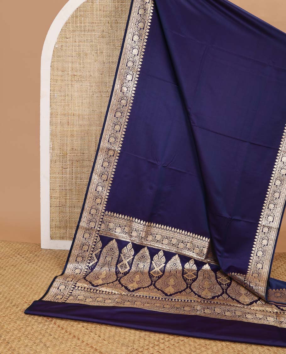 Dark blue semi banaras nylon saree with self floral design border & floral design pallu
