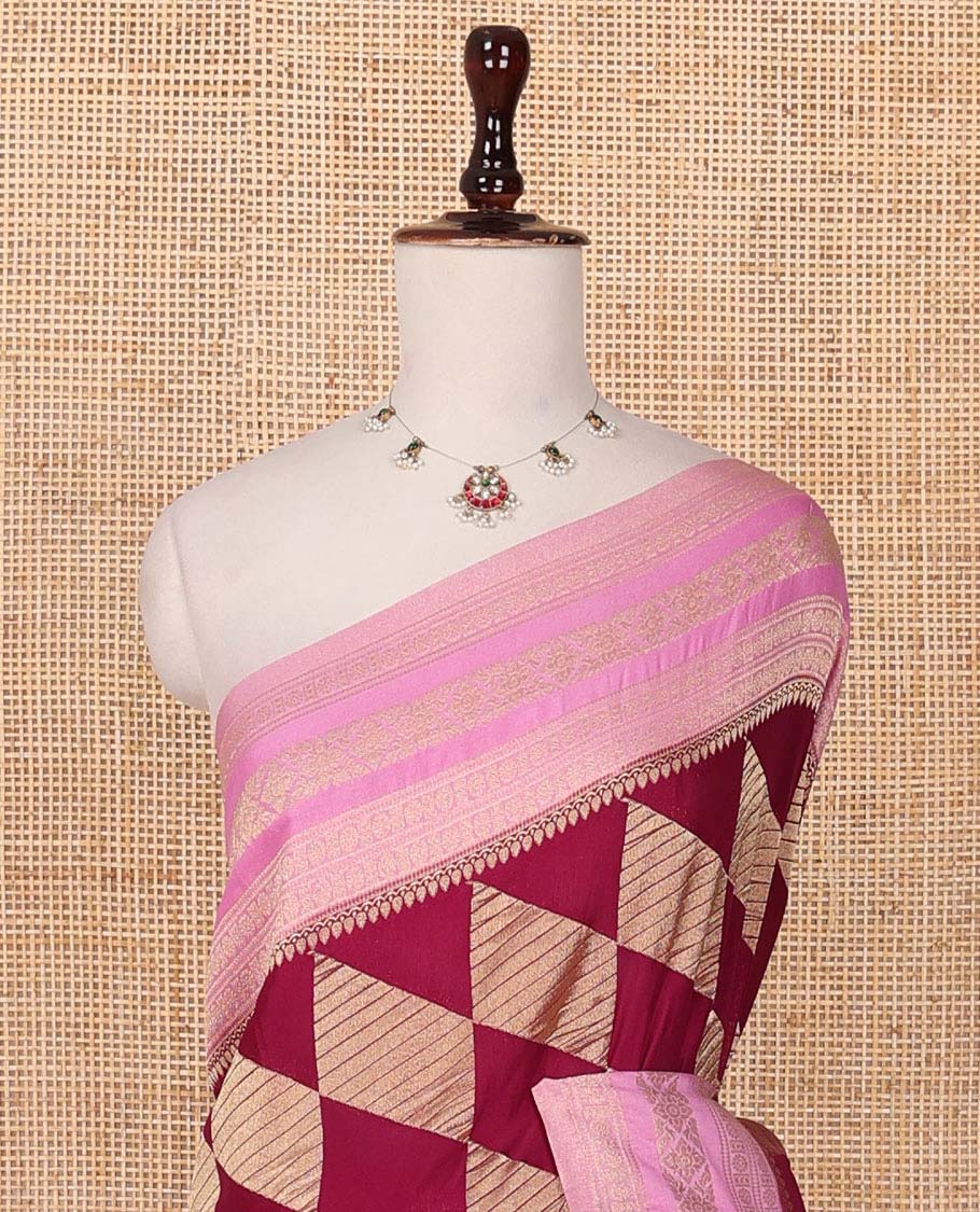 Maroon geometric zari patterned fancy crepe saree, contrast traditional zari border & intricate pallu