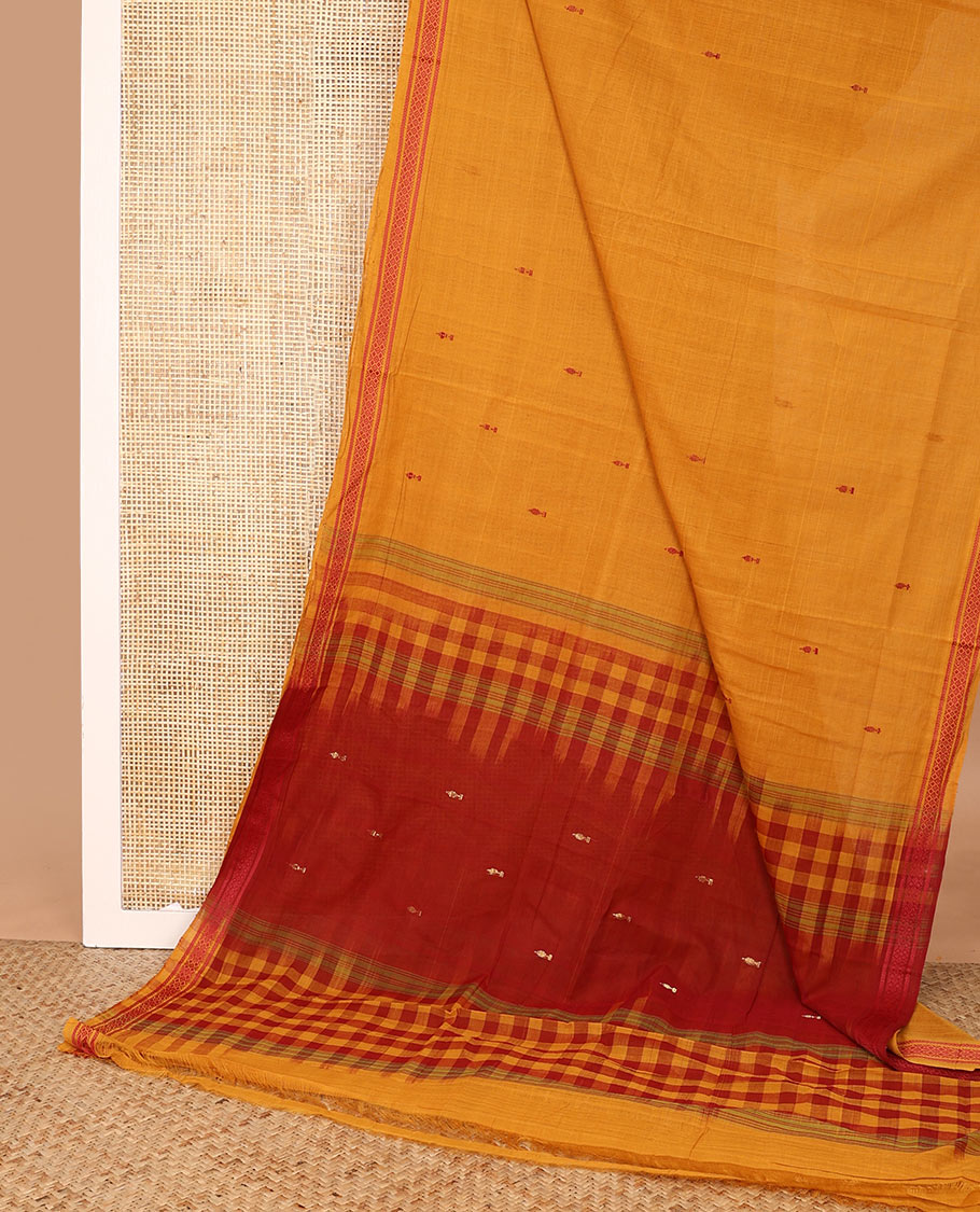 Orange thread buttas Andhra cotton saree, diamond-patterned border, and contrast-checked pallu of buttas
