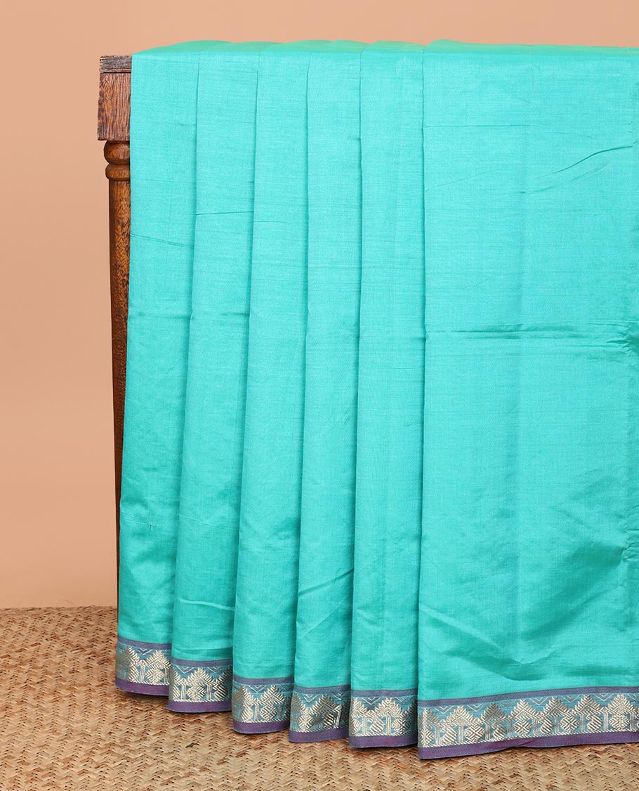 Blue Plain Poly Cotton Saree, Complemented by a Contrast Traditional Zari Temple Border, Pallu of Stripes, and Paired with a Contrast Blouse