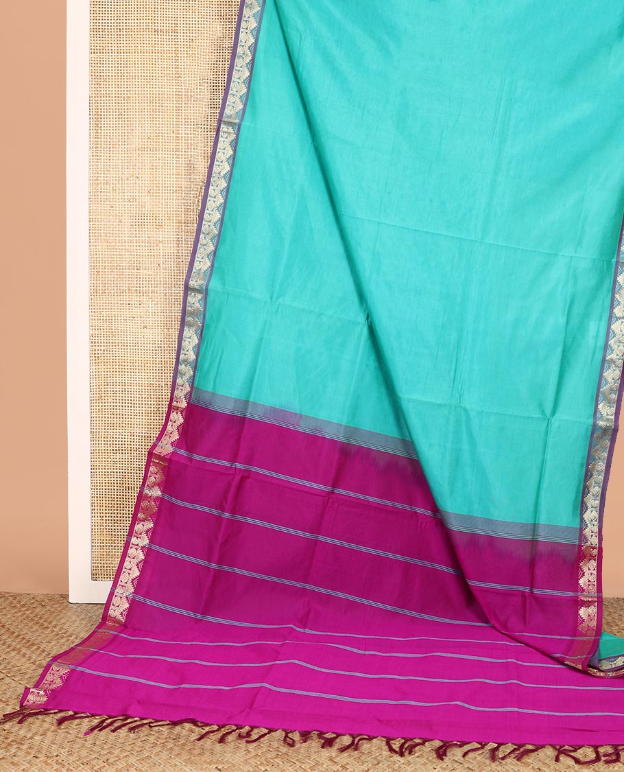 Blue Plain Poly Cotton Saree, Complemented by a Contrast Traditional Zari Temple Border, Pallu of Stripes, and Paired with a Contrast Blouse