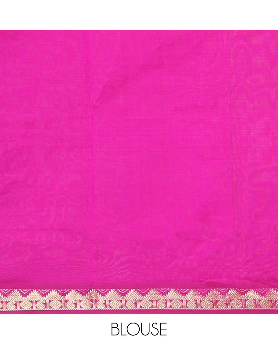 Blue Plain Poly Cotton Saree, Complemented by a Contrast Traditional Zari Temple Border, Pallu of Stripes, and Paired with a Contrast Blouse