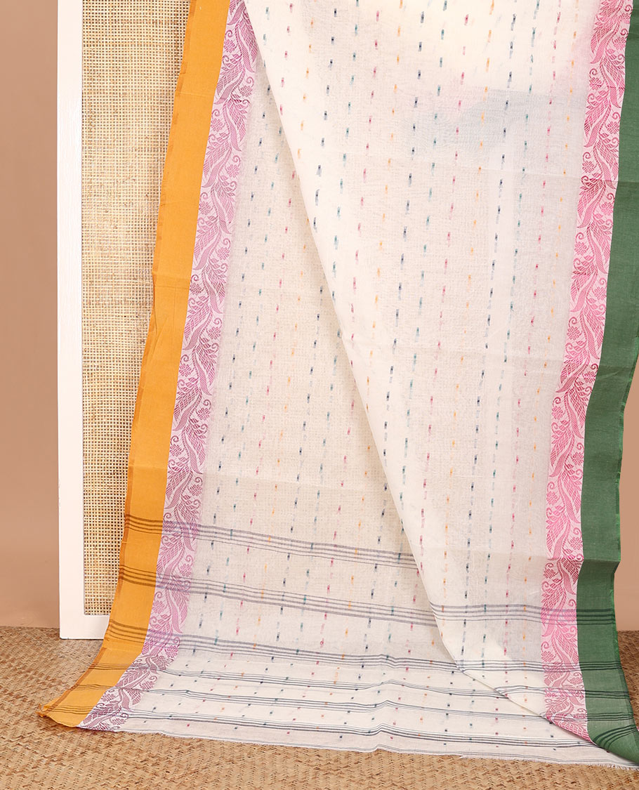 White buttas Bengal cotton saree, contrast leaf creeper ganga jamuna border, and pallu of stripes, and buttas