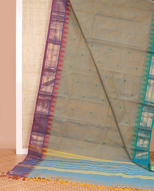 Grey buttas Chettinad cotton saree, contrast ganga jamuna traditional zari temple border, and pallu of stripes, and buttas