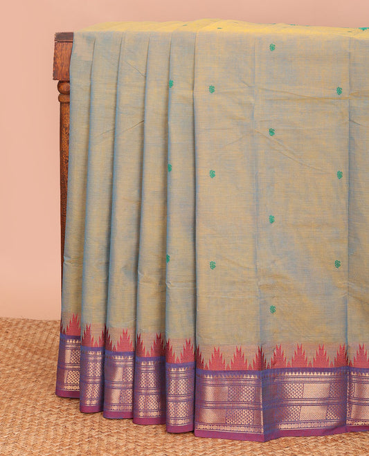 Grey buttas Chettinad cotton saree, contrast ganga jamuna traditional zari temple border, and pallu of stripes, and buttas