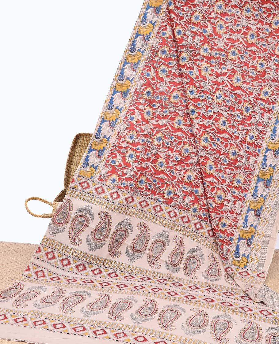 Red floral machine-printed kalamkari cotton saree with contrast floral design border & paisley design pallu