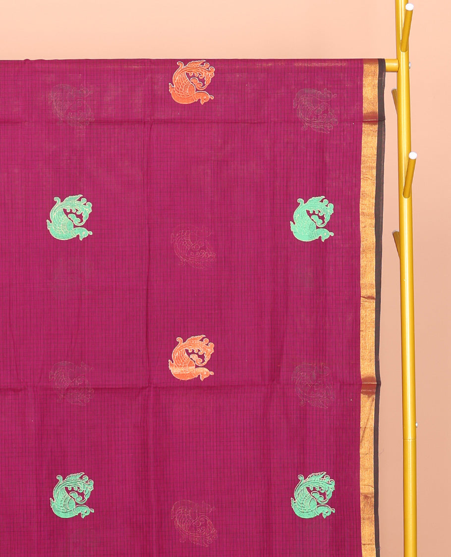 Pink Venkatagiri Cotton Saree, Decked Up with Peacock Buttas and Checks, a Contrast Traditional Zari Border, Pallu of Stripes, and No Blouse