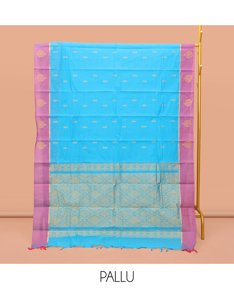 Blue Kanchi Cotton Saree, Adorned with Buttas on Its Body, Contrast Unique Motifs Border, Pallu of Intricate Design, and a Matching Blouse