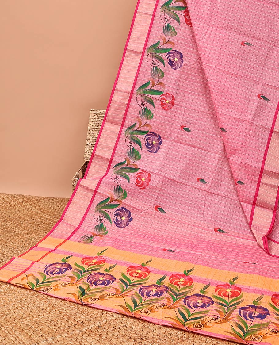 Red checked , floral design chirla cottton saree with contrast striped border & floral, checked design pallu