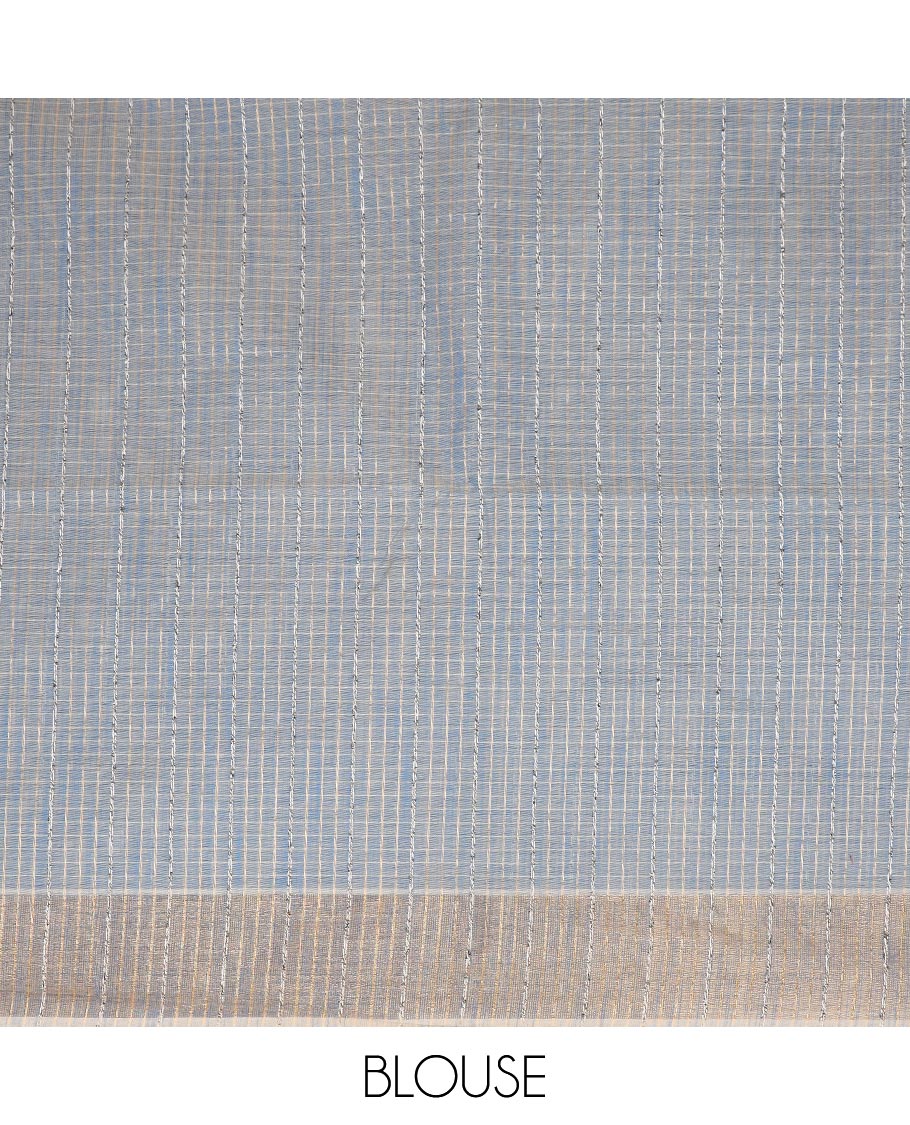 Blue striped Jute cotton saree, zari border & striped pallu