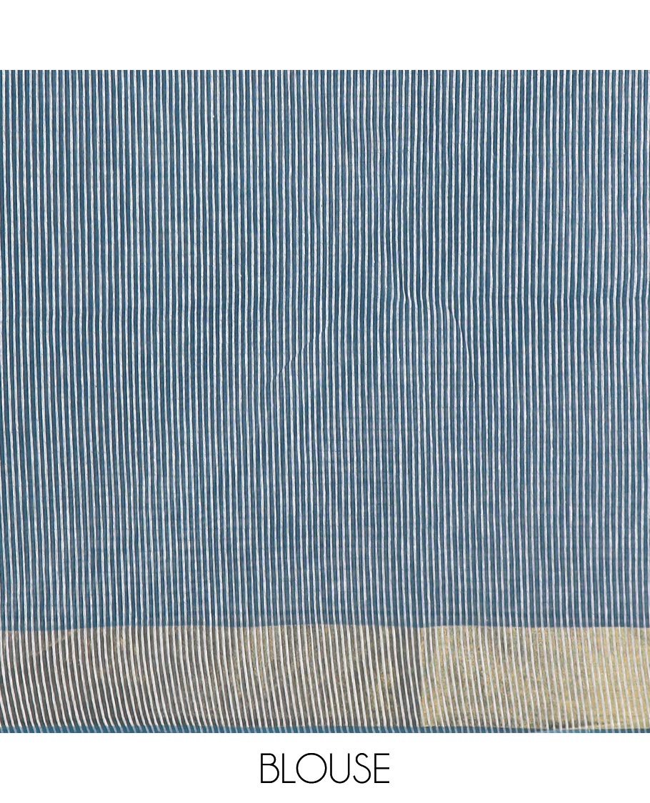 Blue zari striped jute cotton saree, zari border and striped pallu