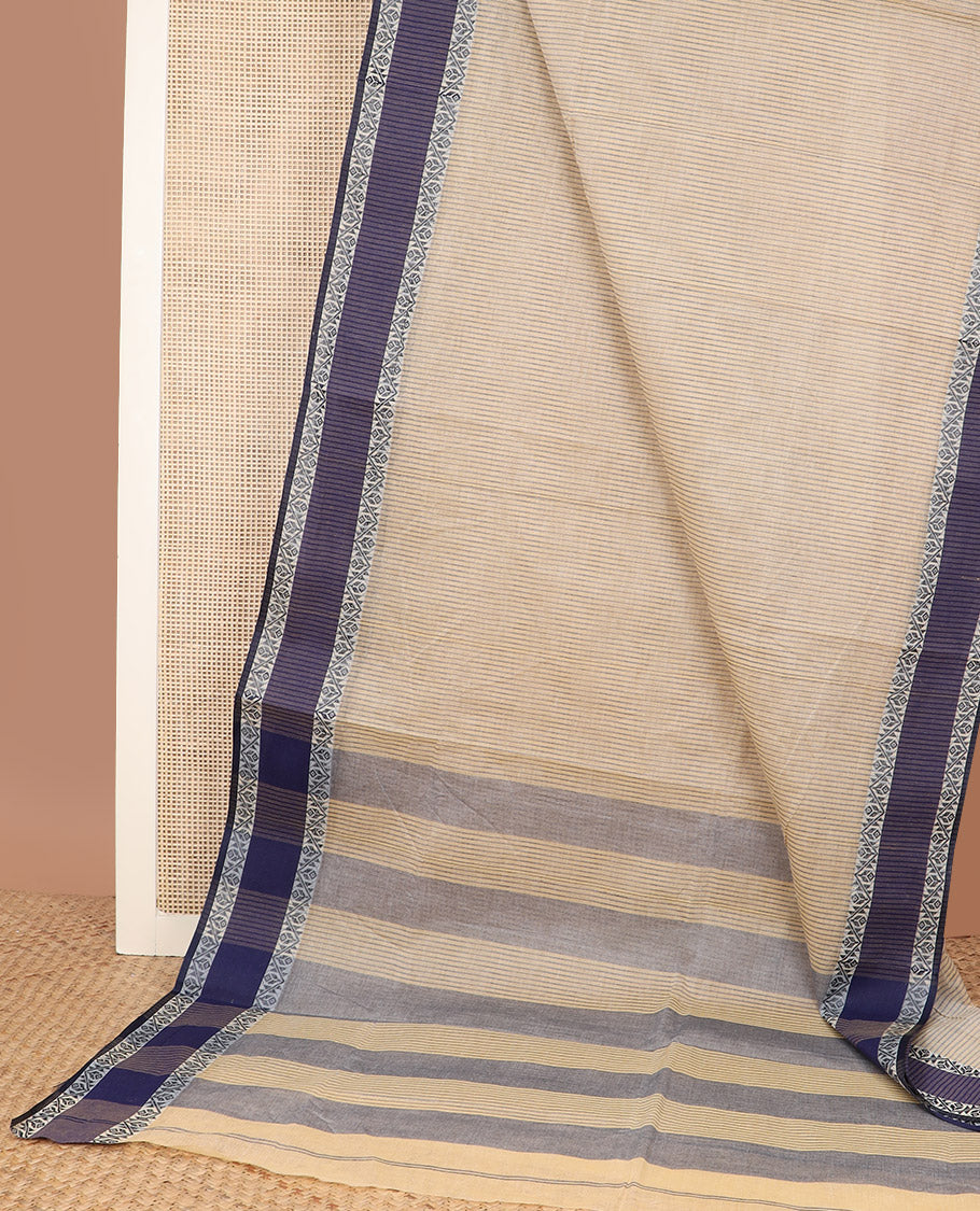 Light sandal micro-checked Bengal cotton saree, contrast geometric patterned border, and striped pallu