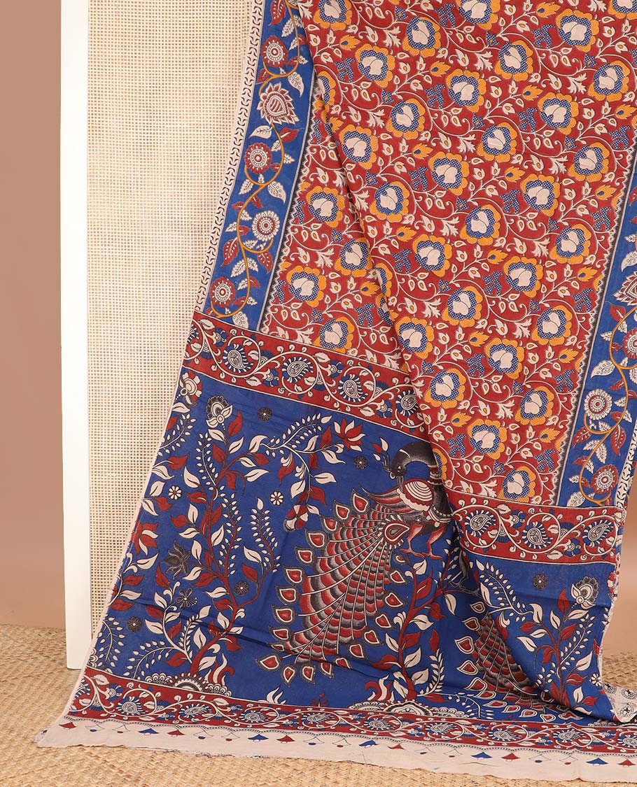 Red floral vine machine printed kalamkari cotton saree, contrast floral creeper printed border, and pallu of floral, and peacock print